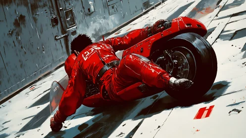 Motorcyclist in red suit cornering on futuristic street.
