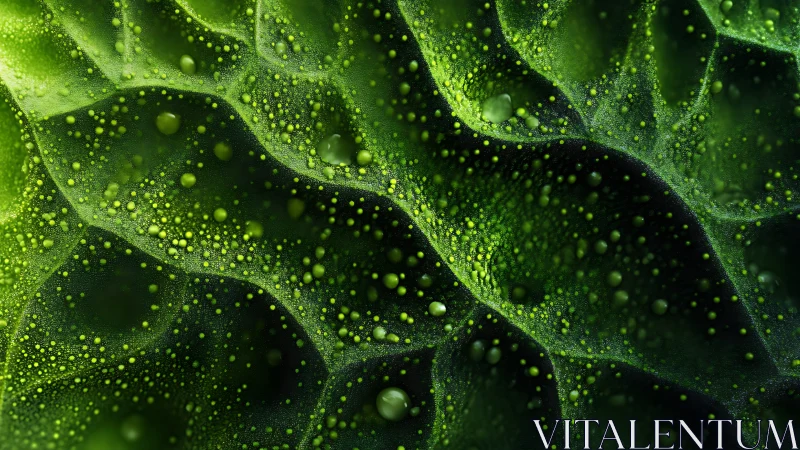 Macro view reveals textured green surface with vivid droplets