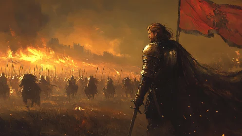 Armored warlord overlooking cavalry charge before burning citadel