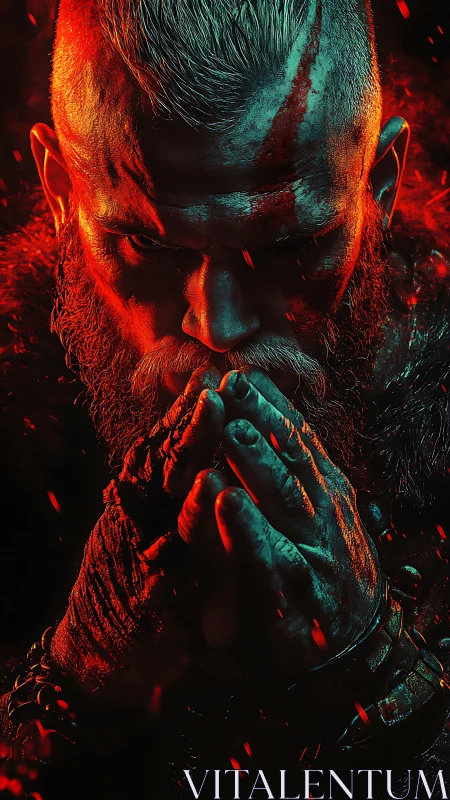 Cinematic warrior portrait in dual-tone volumetric lighting.