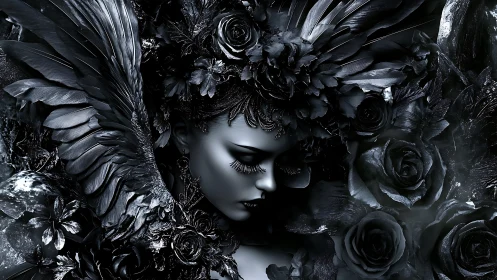 Nocturnal rose goddess crowned in baroque black plumage.