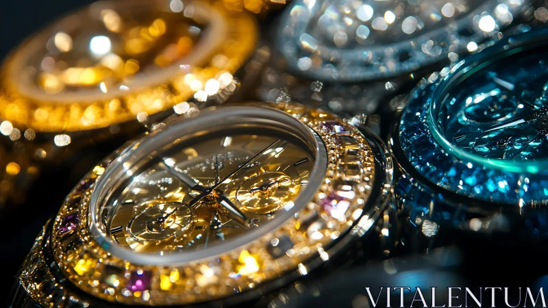 Glimmering jeweled watches catching light and time together.