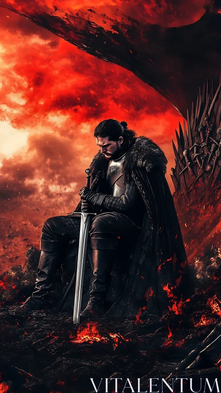 Brooding warrior rests by a fiery throne in blazing dusk.