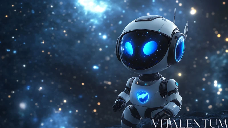 Small humanoid robot stands on dark surface against starfield