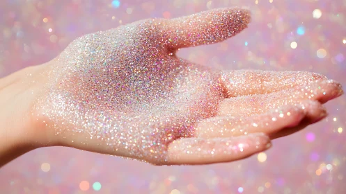 Outstretched hands cradle shimmering pastel glitter light