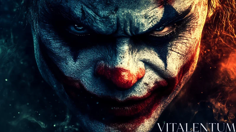 Sinister clown portrait in high contrast neon color lighting.