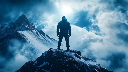 Solitary climber stands on icy summit under storm-bright sky