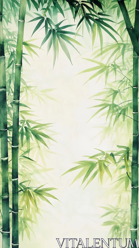 Vertical bamboo stalks with soft green foliage framing space.