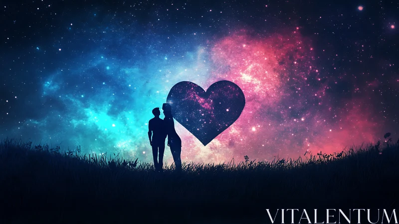 Silhouetted couple beneath cosmic heart nebula