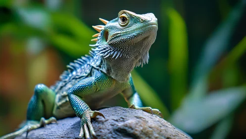 Green lizard rests on rock amid soft blurred foliage