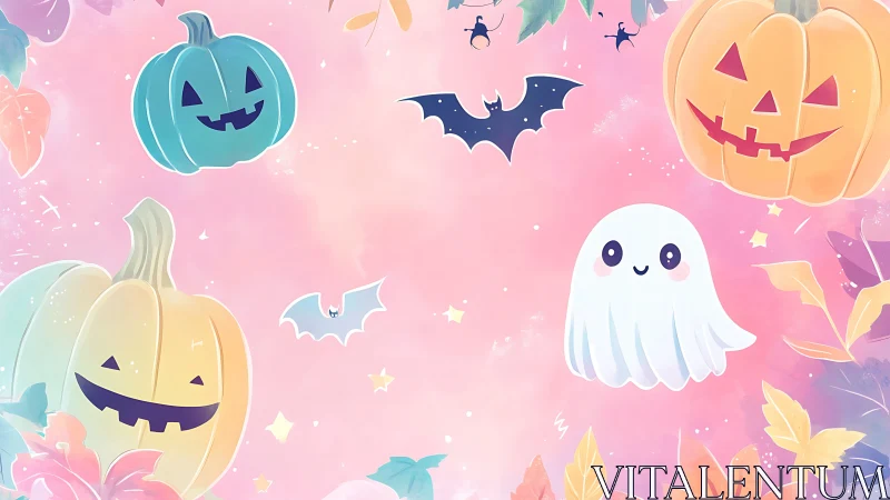 Softly smiling pumpkins and ghost share sweet pastel chills