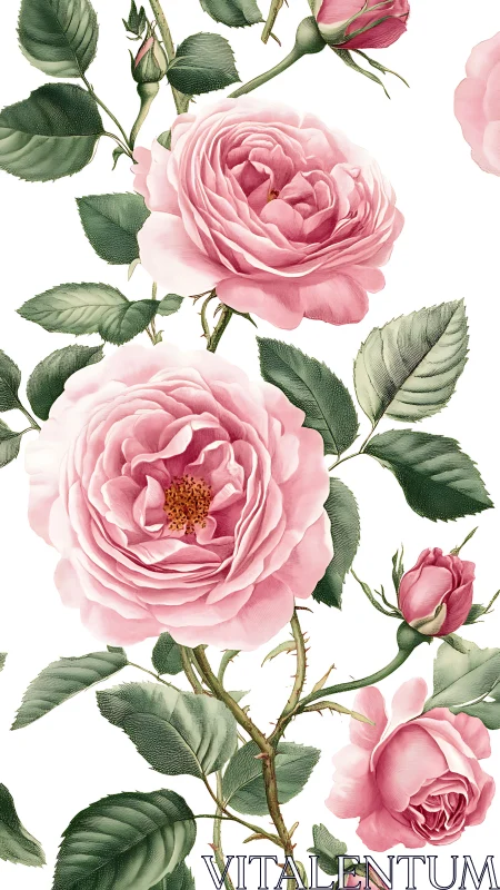 Layered Pink Roses with Botanical Foliage Study.
