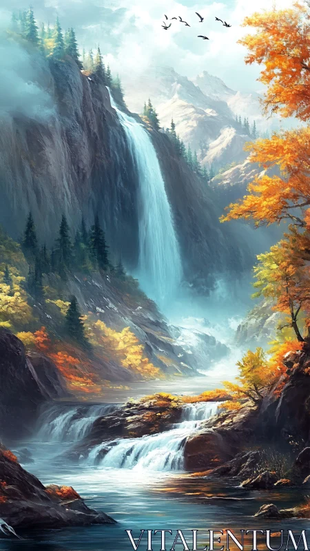 Mountain waterfall cascades through autumn forest valley