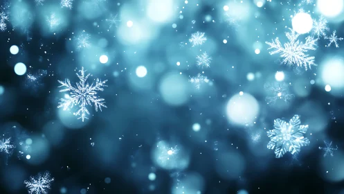 Glistening snowflakes drift softly through a dreamy blue glow