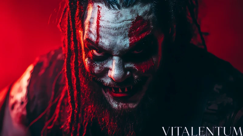 Bloodlit demon jester grinning through crimson shadows.