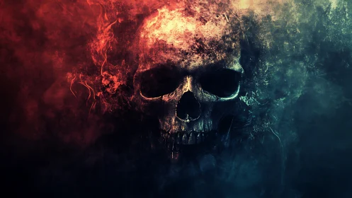 Moody fiery skull emerging from swirling red and blue mist.