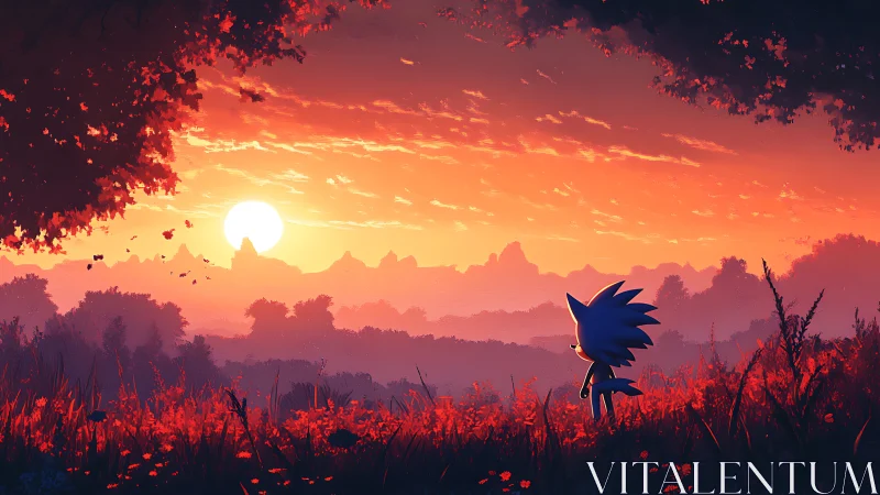 Blue hedgehog silhouette gazes across fiery sunset valley.