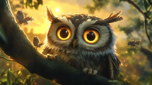 Whimsical Owl with Large Eyes in Magical Sunlit Forest Scene.