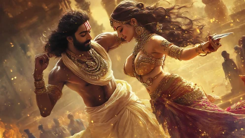 Mythic warrior and dancer in luminous ritual motion.