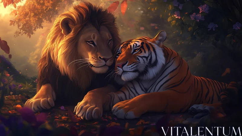 Lion and Tiger Portrait with Warm Atmospheric Lighting and Floral Surroundings