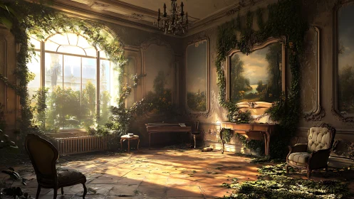 Sunlit abandoned salon overgrown with ivy and vintage decor.