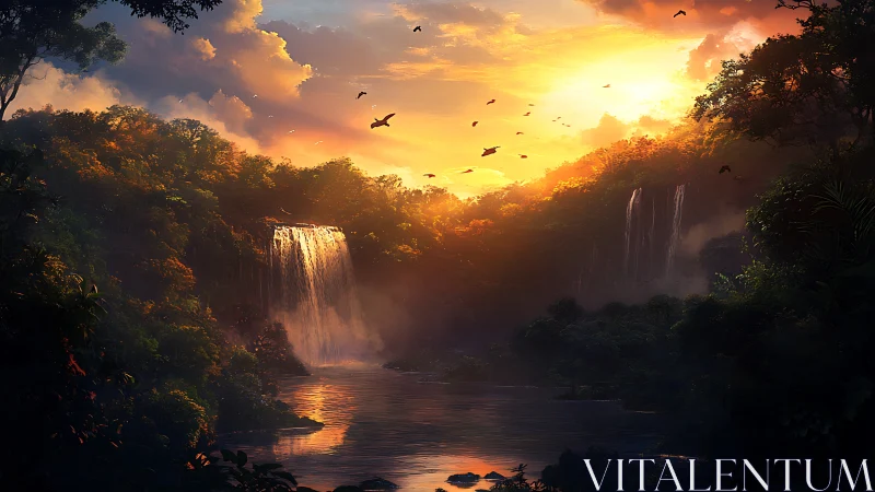 Sunlit jungle waterfall valley under glowing sunset sky.