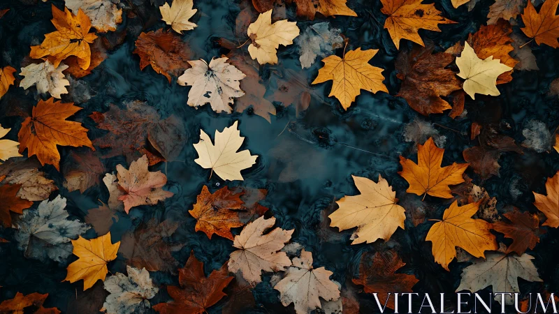 Golden maple leaves drifting over dark autumn water.