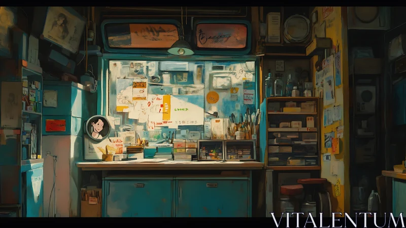 Cozy cluttered art desk in a warm, teal-toned studio.