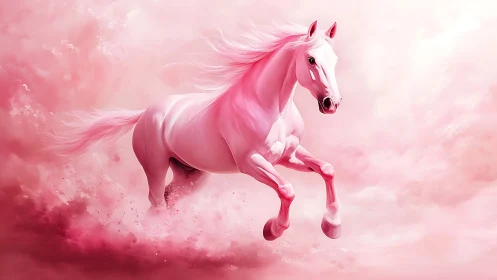 Dream-bright pink horse galloping through cotton clouds.
