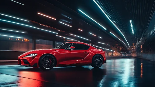 Sleek red sports car glides through a glowing city tunnel