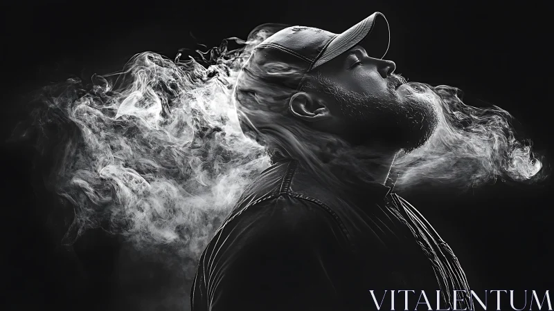 Monochrome profile portrait with dramatic trailing vapor plume.