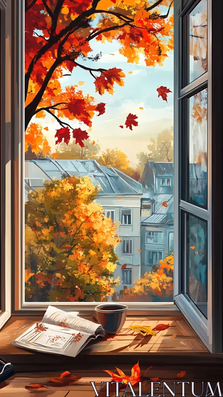 Autumn city window view frames book, coffee, falling leaves.
