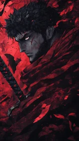 Bloody warrior portrait wrapped in tattered red cloak.