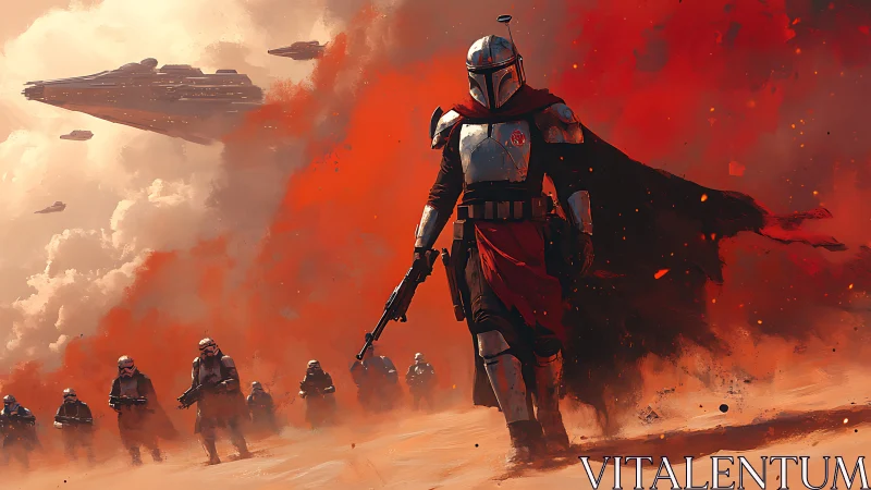 Armored commander advances through red dust under capital ships