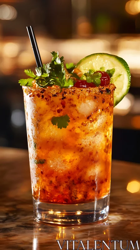 Spiced Cocktail with Lime Garnish and Herb Rim.