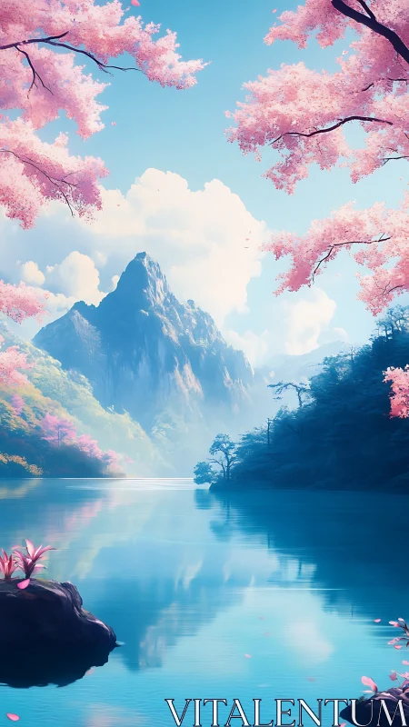 Serene mountain lake rests beneath luminous cherry blossoms