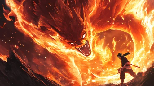 Fire Elemental Beast Confrontation: Dynamic Anime Combat Render