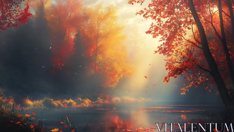 Autumn forest lake with sunlit foliage and misty background.