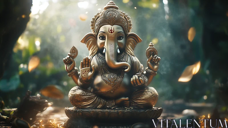 Golden Ganesha statue glows calmly in a soft forest light
