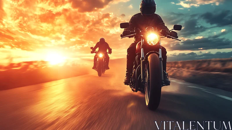 Sunset highway riders outrun daylight on blazing asphalt.