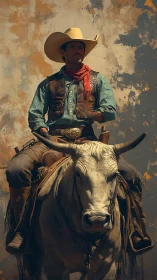 Cowboy on a white longhorn pausing in the painted dust light.