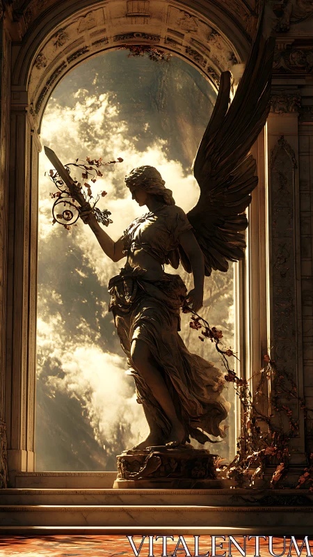 Winged marble angel stands in golden celestial doorway light