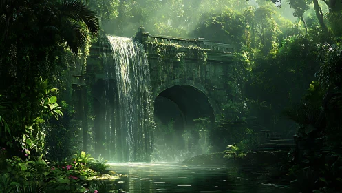 Lush jungle ruins with cascading waterfall over stone archway.