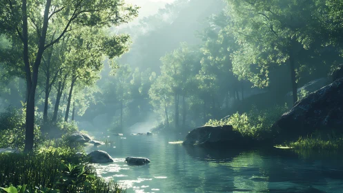 Misty forest river landscape with volumetric atmospheric lighting.