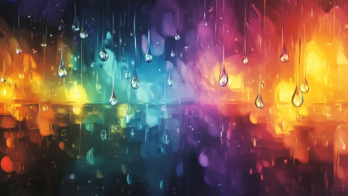 Glowing rainbow raindrops drifting through a dreamy night.
