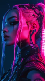 Cybernetic woman in neon pink and blue rim lighting profile