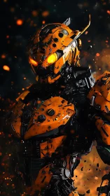 Armored orange combat robot with glowing eyes in sparks.