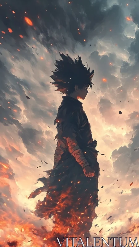Lone anime warrior rises through storm and consuming fire.