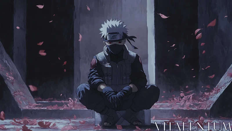 Masked tactical shinobi in ruin-framed petal turbulence.