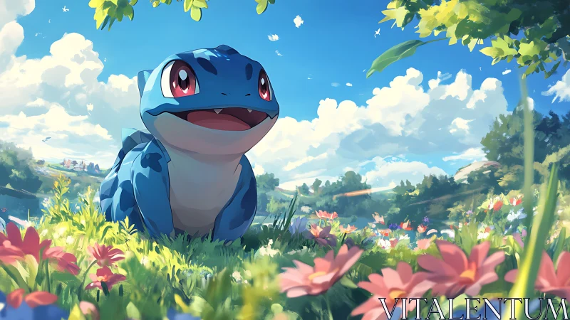 Blue creature in luminous meadow under expansive sky.